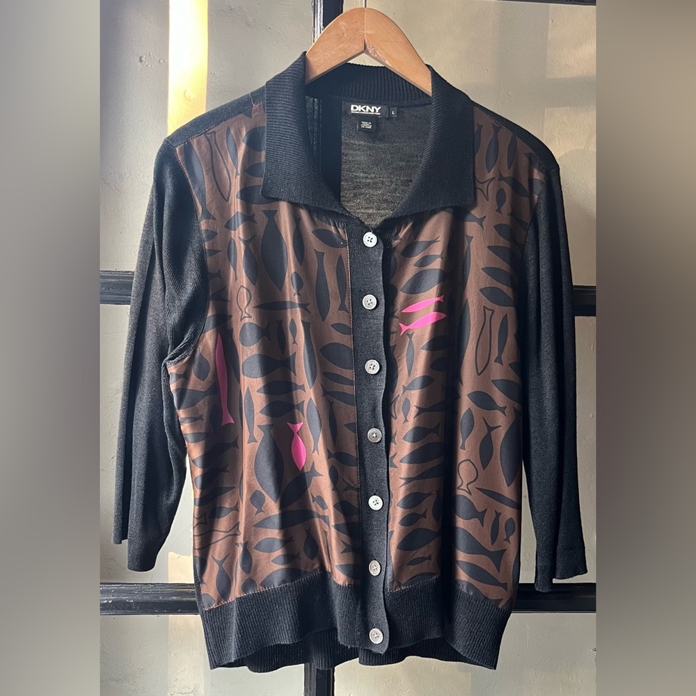 Lovely DKNY Silk Overlay Modern Fish Print Button Up Sweater